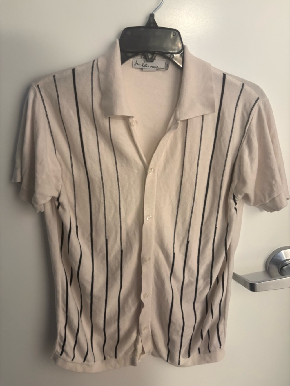 Andre Peter White Black Striped Knit Short Sleeve Button-Up Shirt Men's Size S